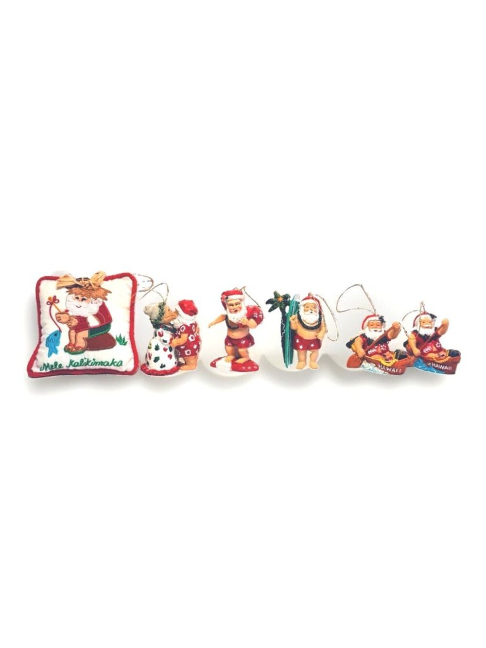 Island Heritage Hawaii Ornaments Lot of 6 Santa Surfing Canoeing Fishing Shaka